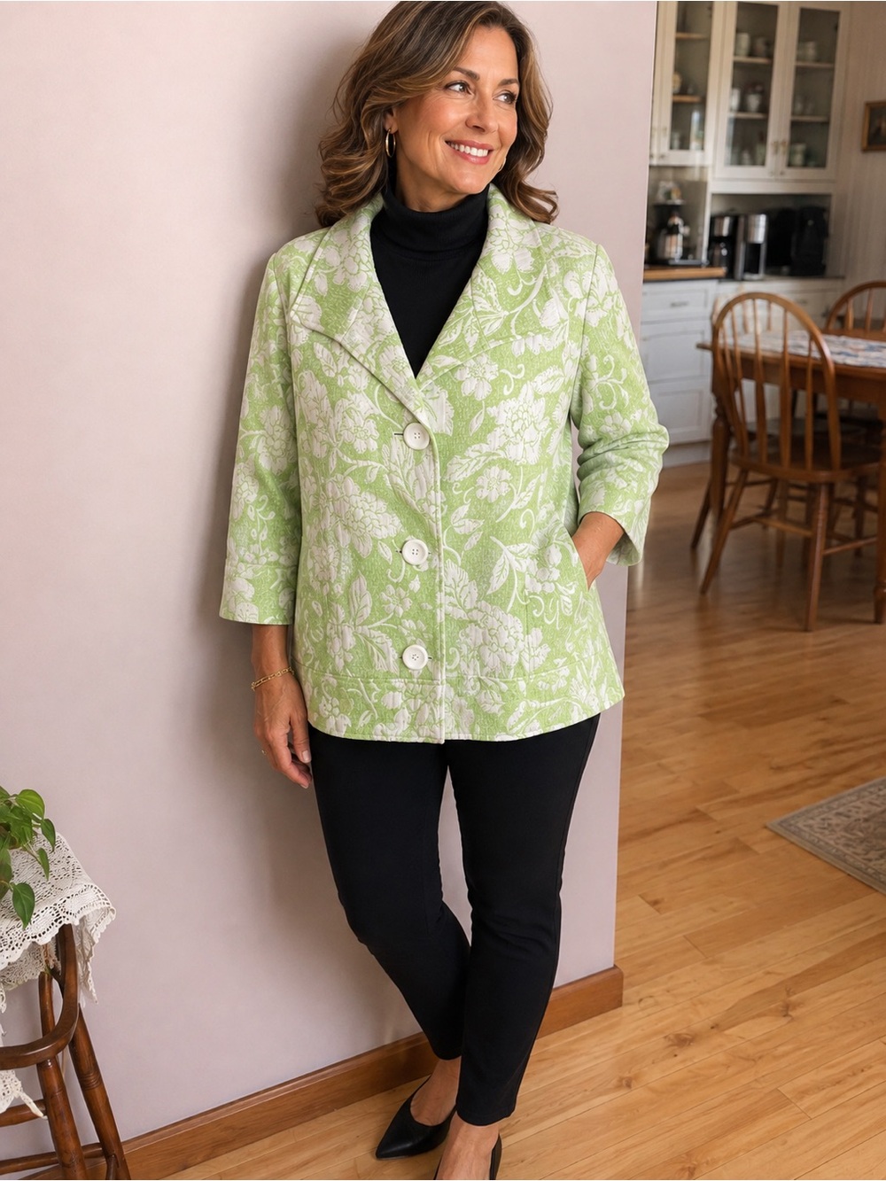 Coldwater Creek Light Green Floral Button Front Jacket